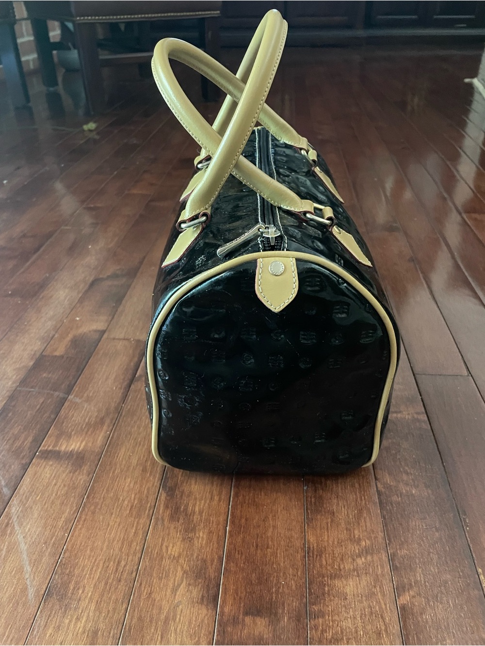 Acadia Black Patent Leather Satchel Bag with Tan Leather Trim and Handles- EUC - Picture 2 of 6